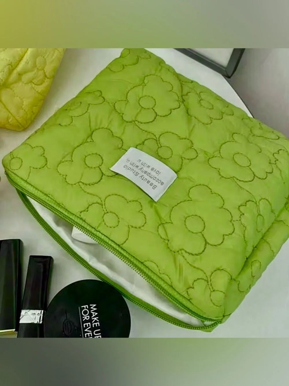 Large Green Quilted Pink Floral Women’s Makeup Toiletries Cosmetic Organizer Bag